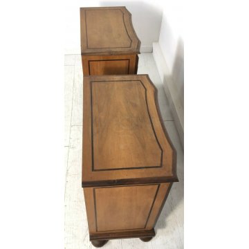 ANTICA COPPIA COMODINO INTARSIATO IMPELLICCIATI LEGNO NOCE 3 CASSETTI ANNI 50 