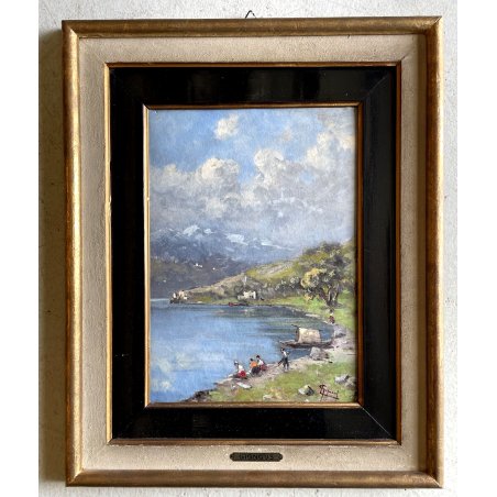 ANTICO QUADRO DIPINTO OLIO Lorenzo Gignous LAVANDAIE PAESAGGIO LAGO MAGGIORE