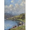 ANTICO QUADRO DIPINTO OLIO Lorenzo Gignous LAVANDAIE PAESAGGIO LAGO MAGGIORE