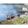 ANTICO QUADRO DIPINTO OLIO Lorenzo Gignous LAVANDAIE PAESAGGIO LAGO MAGGIORE