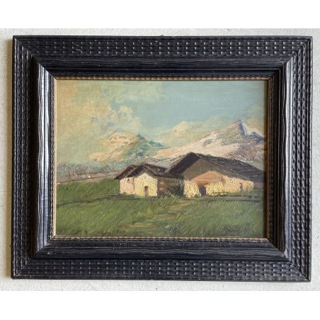 QUADRO OLIO TAVOLA Gustavo Mancinelli PAESAGGIO MONTANO BAITE Alagna GUILLOCE