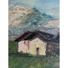 QUADRO OLIO TAVOLA Gustavo Mancinelli PAESAGGIO MONTANO BAITE Alagna GUILLOCE