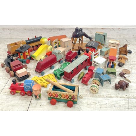 GRANDE LOTTO GIOCO VECCHIO LEGNO TRENI ANIMALI MISTI TOYS WOOD TRAIN EPOCA '40