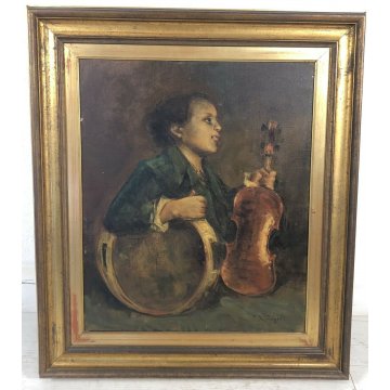 ANTICO QUADRO DIPINTO OLIO TELA FIDENZIO DE ANGELI SOGNI 1956 VIOLINO MUSICISTA 