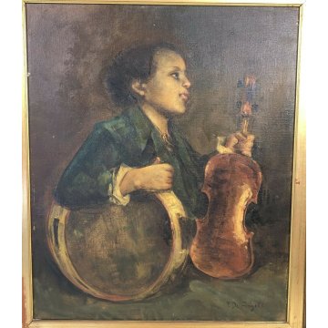 ANTICO QUADRO DIPINTO OLIO TELA FIDENZIO DE ANGELI SOGNI 1956 VIOLINO MUSICISTA 