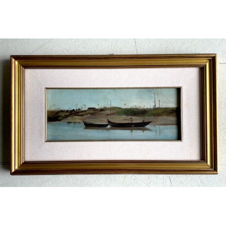 QUADRO DIPINTO OLIO A. Auquier PAESAGGIO FLUVIALE BARCHE PESCATORI BELGIO 800
