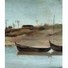QUADRO DIPINTO OLIO A. Auquier PAESAGGIO FLUVIALE BARCHE PESCATORI BELGIO 800