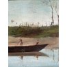 QUADRO DIPINTO OLIO A. Auquier PAESAGGIO FLUVIALE BARCHE PESCATORI BELGIO 800