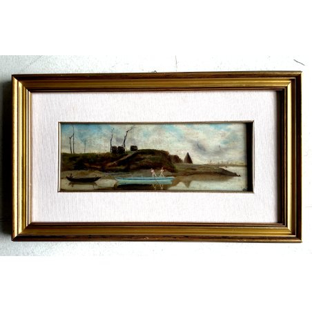 QUADRO DIPINTO OLIO Andrè Auquier PAESAGGIO FLUVIALE BARCHE PESCATORI BELGIO 800