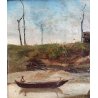 QUADRO DIPINTO OLIO Andrè Auquier PAESAGGIO FLUVIALE BARCHE PESCATORI BELGIO 800