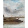 QUADRO DIPINTO OLIO Andrè Auquier PAESAGGIO FLUVIALE BARCHE PESCATORI BELGIO 800