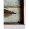 QUADRO DIPINTO OLIO Andrè Auquier PAESAGGIO FLUVIALE BARCHE PESCATORI BELGIO 800