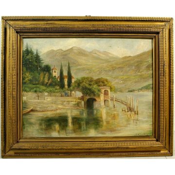 ANTICO QUADRO DIPINTO OLIO TELA PAESAGGIO P. Greuling IMBARCADERO TREMEZZO 1932