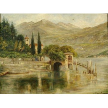ANTICO QUADRO DIPINTO OLIO TELA PAESAGGIO P. Greuling IMBARCADERO TREMEZZO 1932
