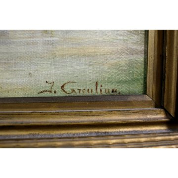 ANTICO QUADRO DIPINTO OLIO TELA PAESAGGIO P. Greuling IMBARCADERO TREMEZZO 1932
