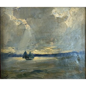 PICCOLO QUADRO DIPINTO Grani PAESAGGIO MARINA BARCA NUVOLE  POST-IMPRESSIONISMO