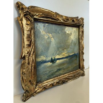 PICCOLO QUADRO DIPINTO Grani PAESAGGIO MARINA BARCA NUVOLE  POST-IMPRESSIONISMO