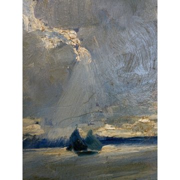 PICCOLO QUADRO DIPINTO Grani PAESAGGIO MARINA BARCA NUVOLE  POST-IMPRESSIONISMO