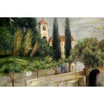 ANTICO QUADRO DIPINTO OLIO TELA PAESAGGIO P. Greuling IMBARCADERO TREMEZZO 1932