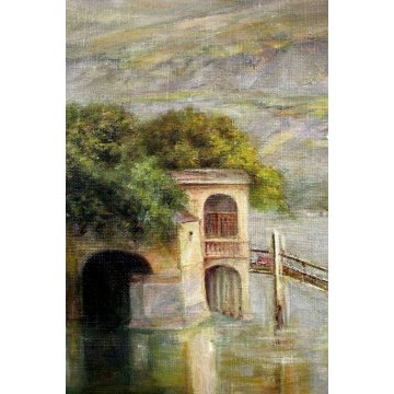 ANTICO QUADRO DIPINTO OLIO TELA PAESAGGIO P. Greuling IMBARCADERO TREMEZZO 1932