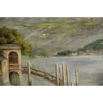 ANTICO QUADRO DIPINTO OLIO TELA PAESAGGIO P. Greuling IMBARCADERO TREMEZZO 1932