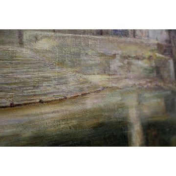 ANTICO QUADRO DIPINTO OLIO TELA PAESAGGIO P. Greuling IMBARCADERO TREMEZZO 1932