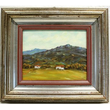 ANTICO QUADRO DIPINTO OLIO TAVOLA U. Calligaris PAESAGGIO MONTAGNA CASALE BIELLA