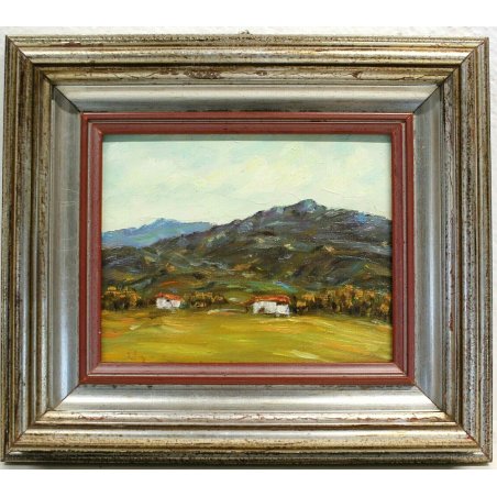 ANTICO QUADRO DIPINTO OLIO TAVOLA U. Calligaris PAESAGGIO MONTAGNA CASALE BIELLA