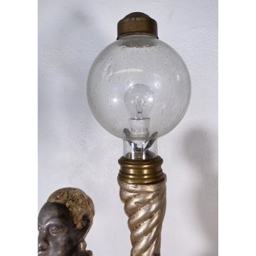 MORO ANTICO LEGNO SCOLPITO1900 DIPINTO MORETTO LAMPADA TERRA 183 cm STATUA OLD