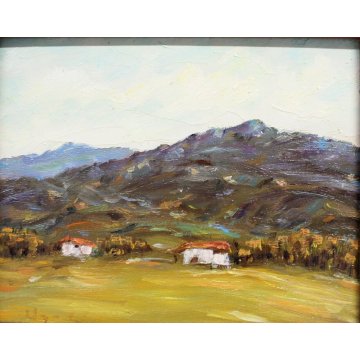 ANTICO QUADRO DIPINTO OLIO TAVOLA U. Calligaris PAESAGGIO MONTAGNA CASALE BIELLA