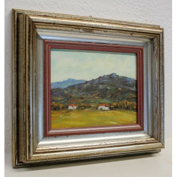 ANTICO QUADRO DIPINTO OLIO TAVOLA U. Calligaris PAESAGGIO MONTAGNA CASALE BIELLA