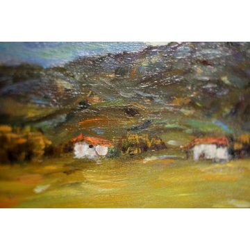 ANTICO QUADRO DIPINTO OLIO TAVOLA U. Calligaris PAESAGGIO MONTAGNA CASALE BIELLA