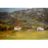 ANTICO QUADRO DIPINTO OLIO TAVOLA U. Calligaris PAESAGGIO MONTAGNA CASALE BIELLA
