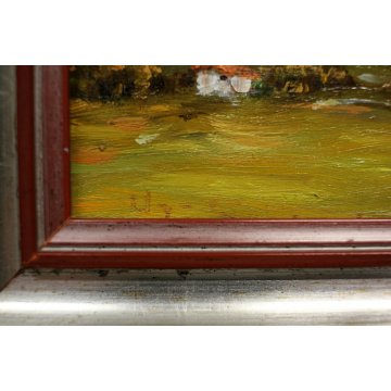 ANTICO QUADRO DIPINTO OLIO TAVOLA U. Calligaris PAESAGGIO MONTAGNA CASALE BIELLA