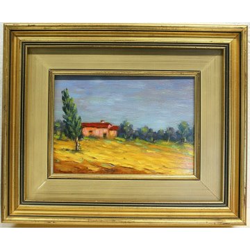 ANTICO PICCOLO QUADRO DIPINTO OLIO TAVOLA U. Caligaris PAESAGGIO CAMPAGNA BIELLA