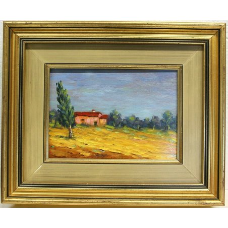 ANTICO PICCOLO QUADRO DIPINTO OLIO TAVOLA U. Caligaris PAESAGGIO CAMPAGNA BIELLA