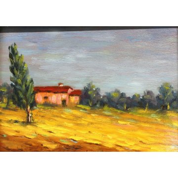 ANTICO PICCOLO QUADRO DIPINTO OLIO TAVOLA U. Caligaris PAESAGGIO CAMPAGNA BIELLA