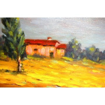 ANTICO PICCOLO QUADRO DIPINTO OLIO TAVOLA U. Caligaris PAESAGGIO CAMPAGNA BIELLA