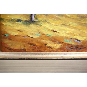 ANTICO PICCOLO QUADRO DIPINTO OLIO TAVOLA U. Caligaris PAESAGGIO CAMPAGNA BIELLA