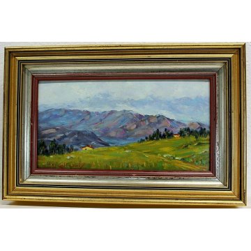ANTICO PICCOLO QUADRO DIPINTO OLIO TAVOLA U. Caligaris PAESAGGIO MONTANO BIELLA 