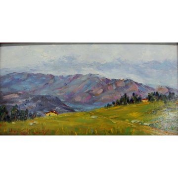 ANTICO PICCOLO QUADRO DIPINTO OLIO TAVOLA U. Caligaris PAESAGGIO MONTANO BIELLA 
