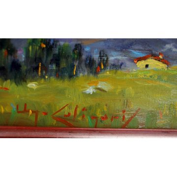 ANTICO PICCOLO QUADRO DIPINTO OLIO TAVOLA U. Caligaris PAESAGGIO MONTANO BIELLA 