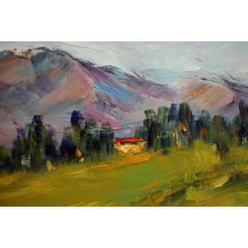 ANTICO PICCOLO QUADRO DIPINTO OLIO TAVOLA U. Caligaris PAESAGGIO MONTANO BIELLA 