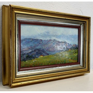 ANTICO PICCOLO QUADRO DIPINTO OLIO TAVOLA U. Caligaris PAESAGGIO MONTANO BIELLA 