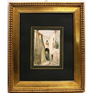 QUADRO DIPINTO ACQUERELLO FIRMATO R. Mesturing PAESAGGIO ANTICO BORGO SUD ITALIA