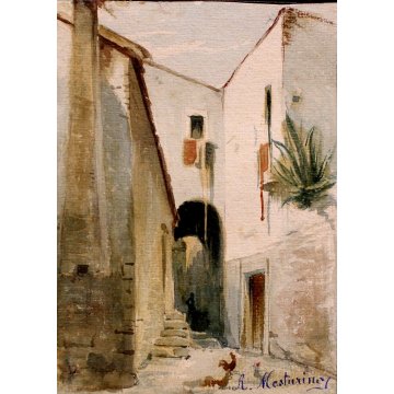 QUADRO DIPINTO ACQUERELLO FIRMATO R. Mesturing PAESAGGIO ANTICO BORGO SUD ITALIA