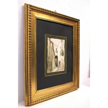 QUADRO DIPINTO ACQUERELLO FIRMATO R. Mesturing PAESAGGIO ANTICO BORGO SUD ITALIA