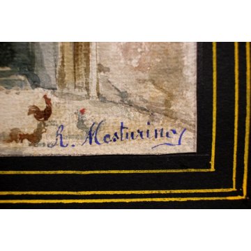 QUADRO DIPINTO ACQUERELLO FIRMATO R. Mesturing PAESAGGIO ANTICO BORGO SUD ITALIA
