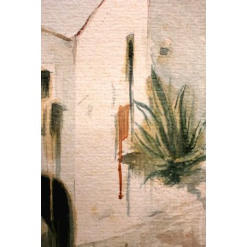 QUADRO DIPINTO ACQUERELLO FIRMATO R. Mesturing PAESAGGIO ANTICO BORGO SUD ITALIA