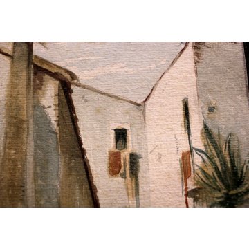 QUADRO DIPINTO ACQUERELLO FIRMATO R. Mesturing PAESAGGIO ANTICO BORGO SUD ITALIA